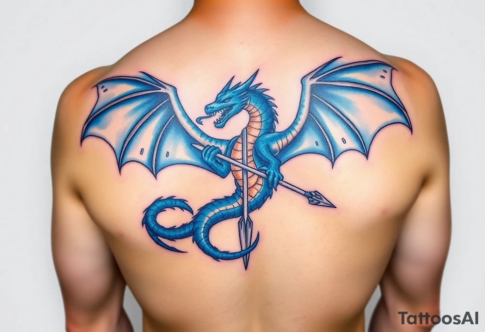 Blue fire breathing dragon with an arrow through its chest and wings spread tattoo idea