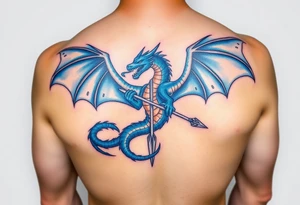 Blue fire breathing dragon with an arrow through its chest and wings spread tattoo idea