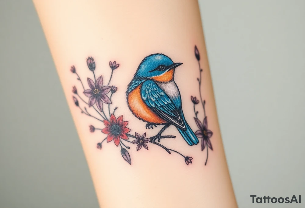 Puffy bluebird surrounded by wild flowers tattoo idea