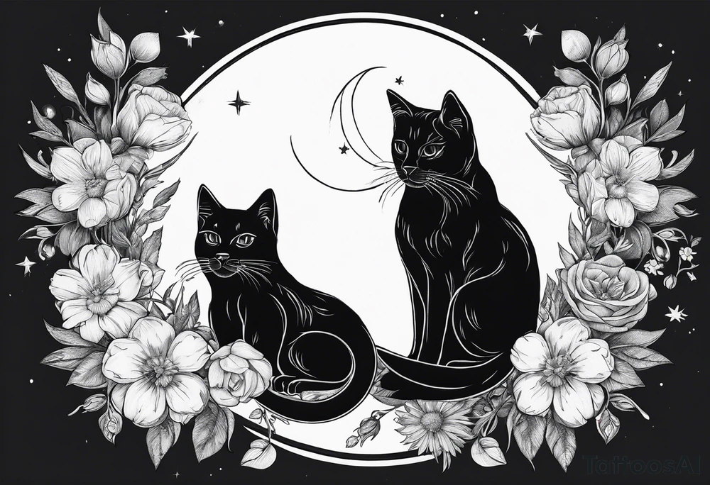 2 cats in laid crescent moon with flowers and paw prints tattoo idea