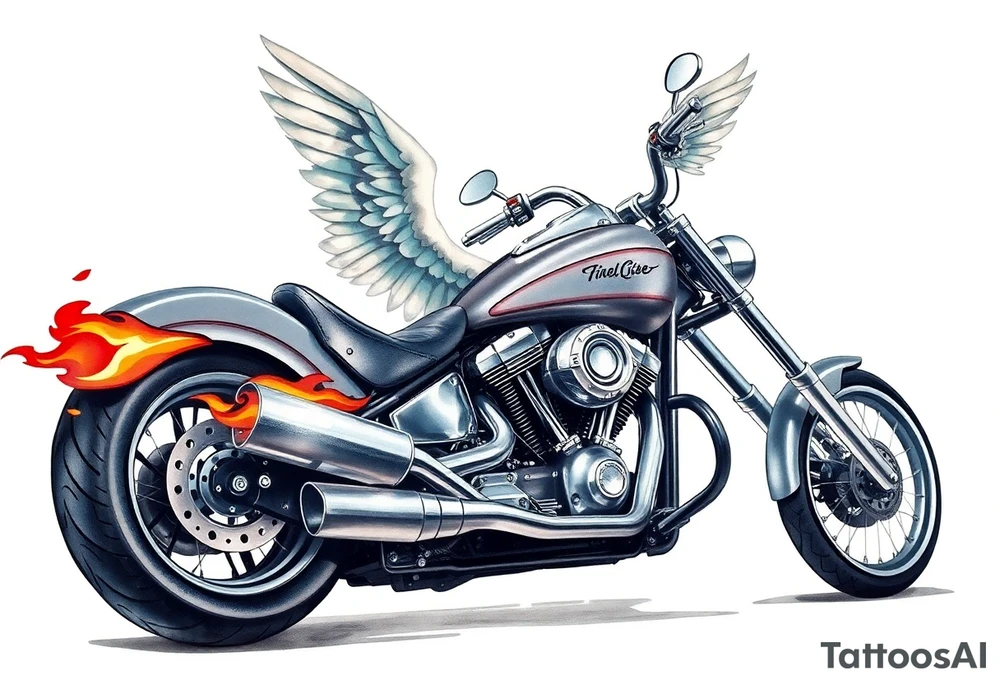 Low rider grey motorcycle, big muffler pipes with flames, angel wings, driving away, no person tattoo idea