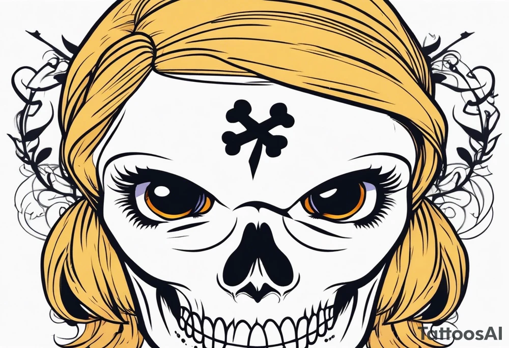 feminine skull  with hair in two blonde pigtails and crossbones underneath tattoo idea