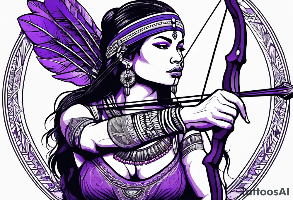 native woman female archer with bead headband sitting on a purple buffalo standing still tattoo idea