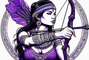 native woman female archer with bead headband sitting on a purple buffalo standing still tattoo idea