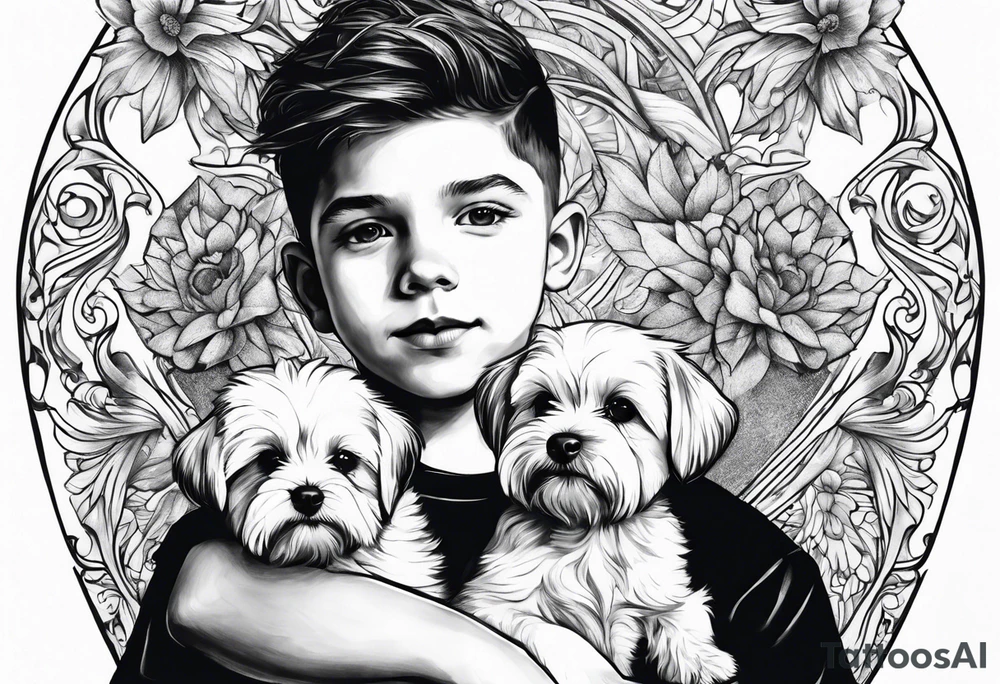 A boy holding a Maltese dog tattoo idea