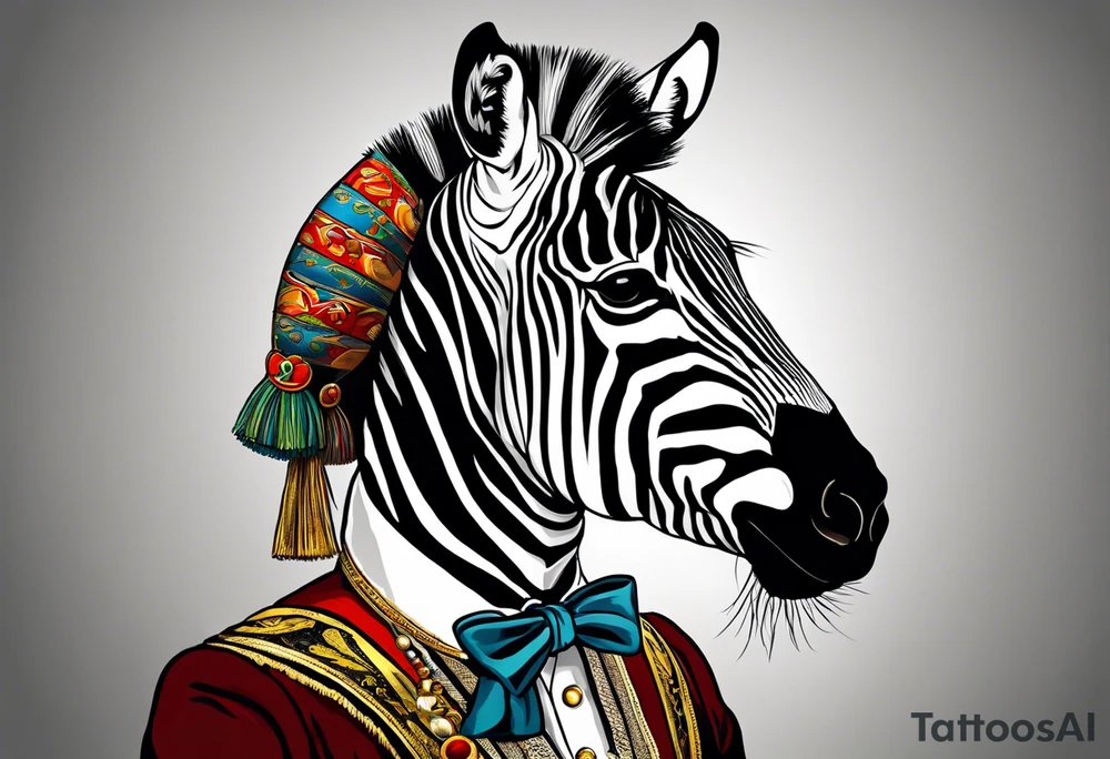 Portrait of a zebra wearing regal clothing, vintage looking, but its main is coloured brightly the same as autism awareness. I want the zebra too almost look like a human wearing clothing tattoo idea