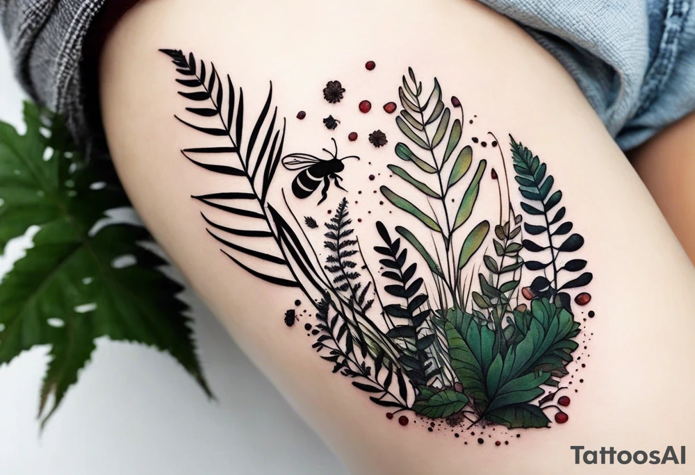 forest floor inspired minimalist tattoo, which includes grass, curly ferns, moss and dead leaves as the bulk of the tattoo. details to include: forest berries, a tiny bumblebee flying nearby, three small brown mushrooms
Generate a vertically long one tattoo idea