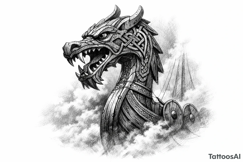 Close-up of a Viking longship's dragon head prow emerging from fog. tattoo idea
