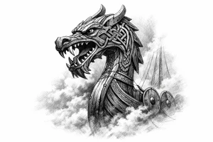 Close-up of a Viking longship's dragon head prow emerging from fog. tattoo idea