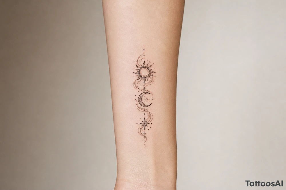 Sun, Moon, and Rising Star in the same red stencil aesthetic, with the smoke weaving through and overlapping each celestial symbol so they feel like a cohesive set for sternum placement. The Rising Star specifically incorporates the same flowing ribbon effect you liked in the Moon and Sun references. tattoo idea