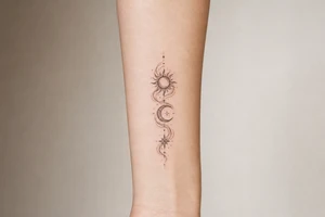 Sun, Moon, and Rising Star in the same red stencil aesthetic, with the smoke weaving through and overlapping each celestial symbol so they feel like a cohesive set for sternum placement. The Rising Star specifically incorporates the same flowing ribbon effect you liked in the Moon and Sun references. tattoo idea