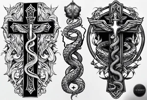 caduceus, but with worn cross, and a viper as the serpent, only one serpent tattoo idea
