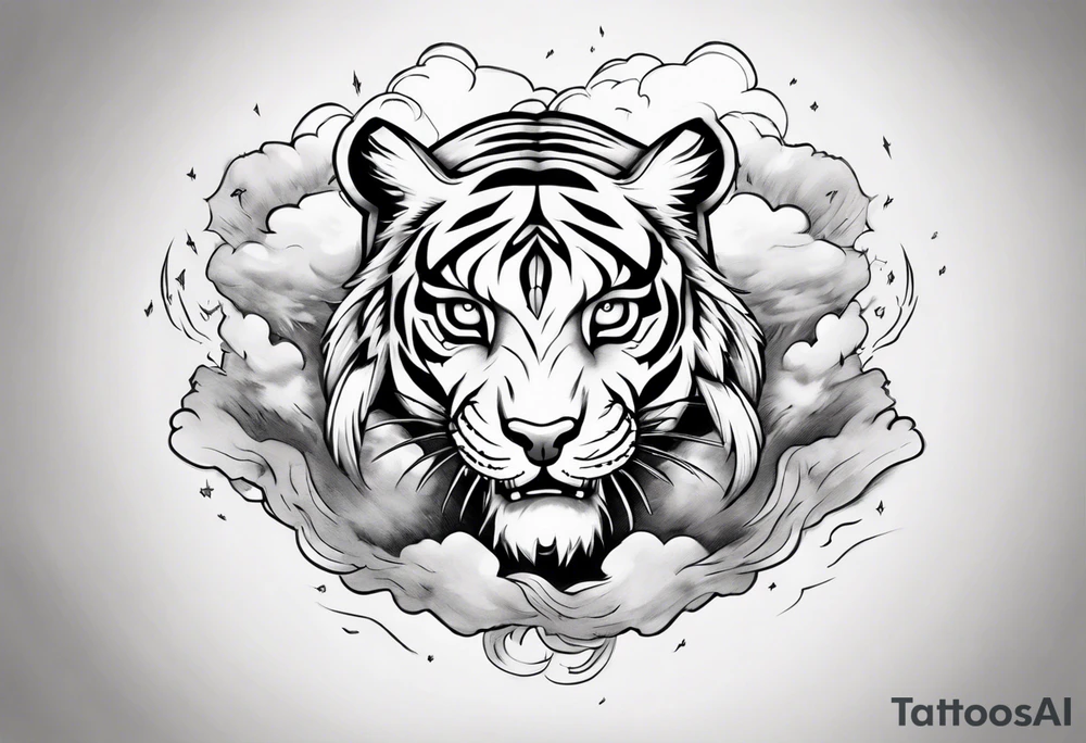 A mythical tiger forearm sleeve tattoo, with lightning and clouds filling the area tattoo idea