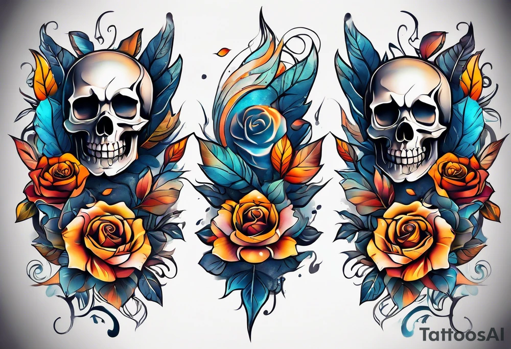 Front knee tattoo with fall colors, small flowers, rose, style skull, leaves, blue water flows with washes and background tattoo idea
