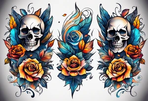 Front knee tattoo with fall colors, small flowers, rose, style skull, leaves, blue water flows with washes and background tattoo idea