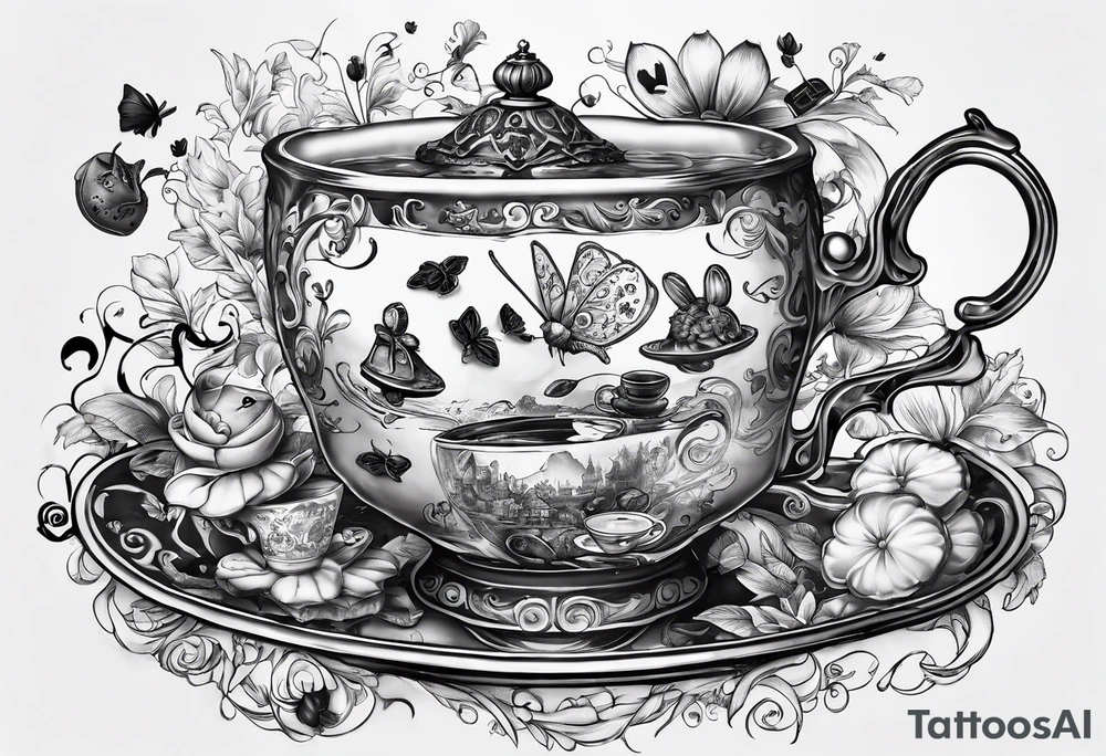 Alice in wonderland falling with tea cup, eat me cookie, butter toast flys, mouse falling tattoo idea