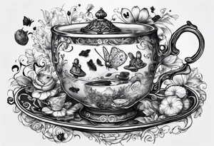 Alice in wonderland falling with tea cup, eat me cookie, butter toast flys, mouse falling tattoo idea