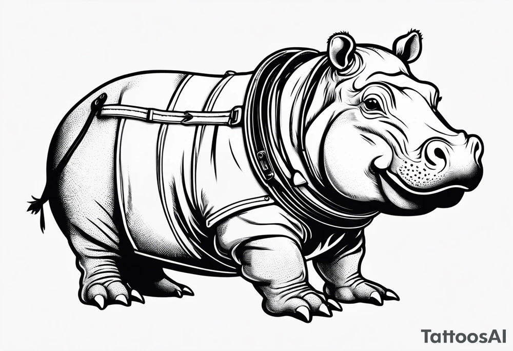 Baby hippo wearing overalls and holding a gun tattoo idea