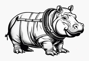 Baby hippo wearing overalls and holding a gun tattoo idea