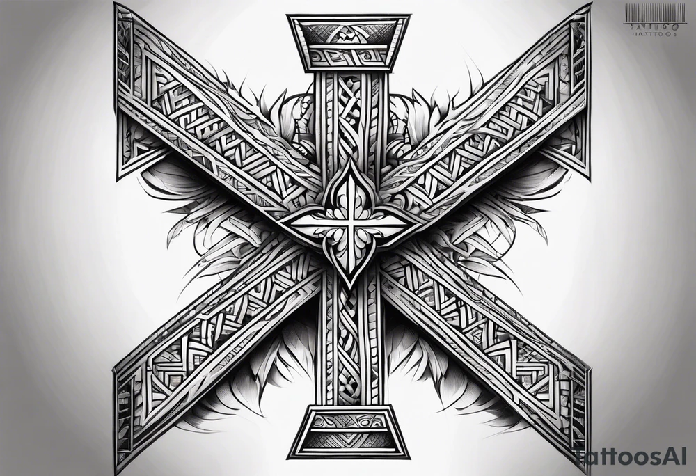 Big cross down the back with samoan patterns tattoo idea