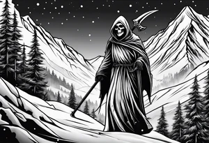 Grime reaper with snow and in the mountains tattoo idea