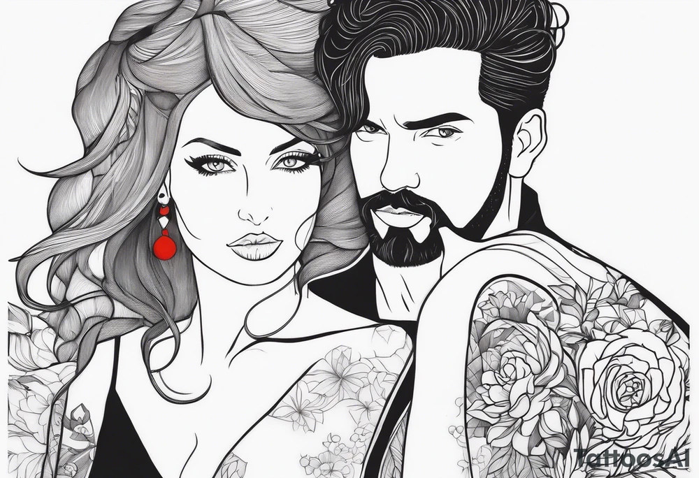 Busty red haired woman with a bearded man who has black hair tattoo idea