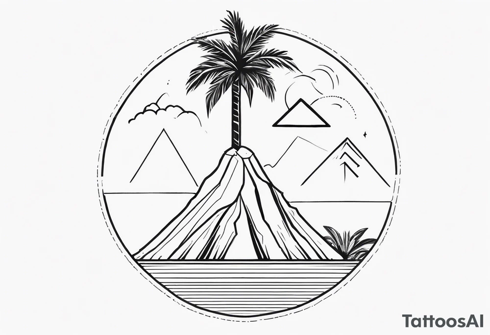 Fineline style. Thin and tall palmtree with a geometrical volcano in the back tattoo idea