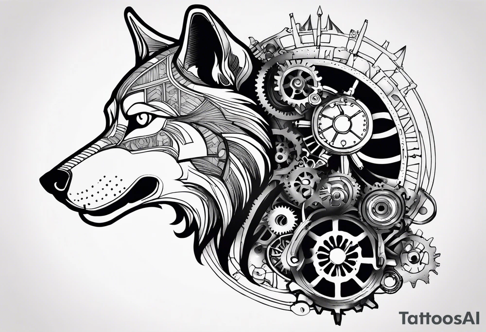 Powerful wolf powered by an engine featuring an "steampunk desing" in the image appears a psiton and a turbo, also the dseign must be vertical. Also, the desing must be minimalistic not saturated. This tattoo will be included in my leg tattoo idea