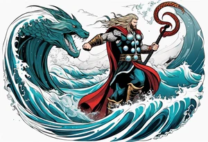 Thor fighting the world serpent in the ocean in a typhoon tattoo idea