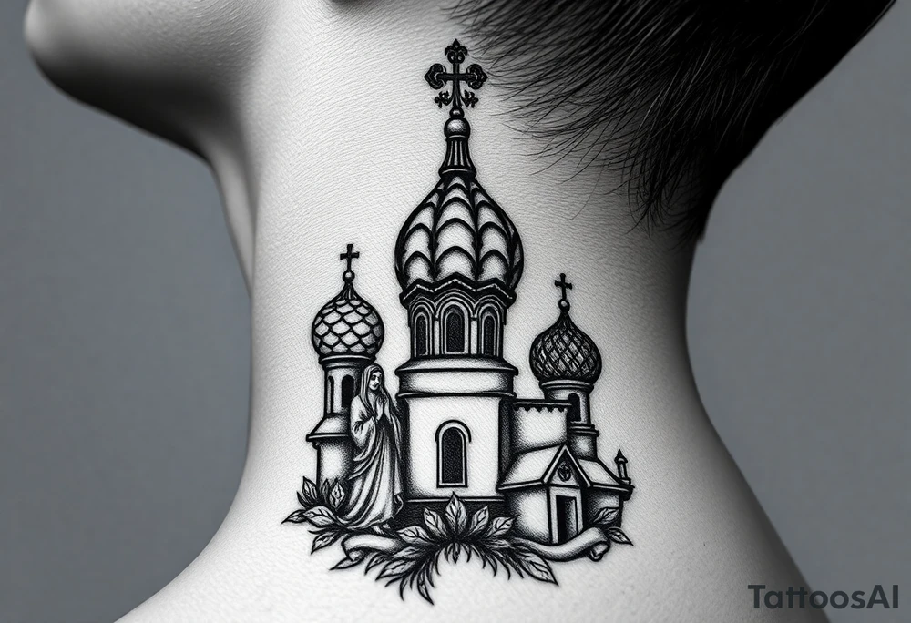 Flowing Scene

A onion domes orthodox church
Virgin Mary in prayer pose wrapping around the lower neck curve
A small double headed russian coat of arms eagle or just the star tucked above the dome near the hairline tattoo idea