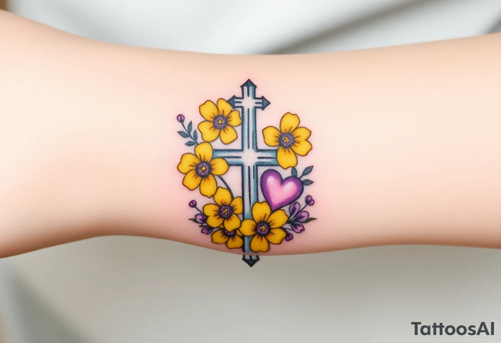 Yellow daisy Purple Hearts around a cross tattoo idea