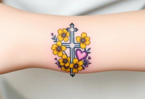 Yellow daisy Purple Hearts around a cross tattoo idea