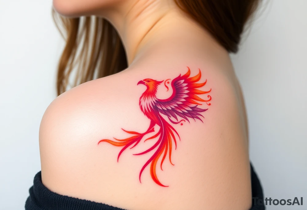 Phoenix rising from the ashes with the colors red, pink, orange and purple. Size 3 cm wide and 5 cm high tattoo idea
