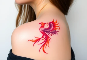 Phoenix rising from the ashes with the colors red, pink, orange and purple. Size 3 cm wide and 5 cm high tattoo idea