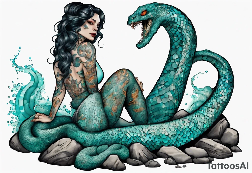 A sea serpent woman hybrid covered in turquois scales sitting on rocks by the ocean tattoo idea