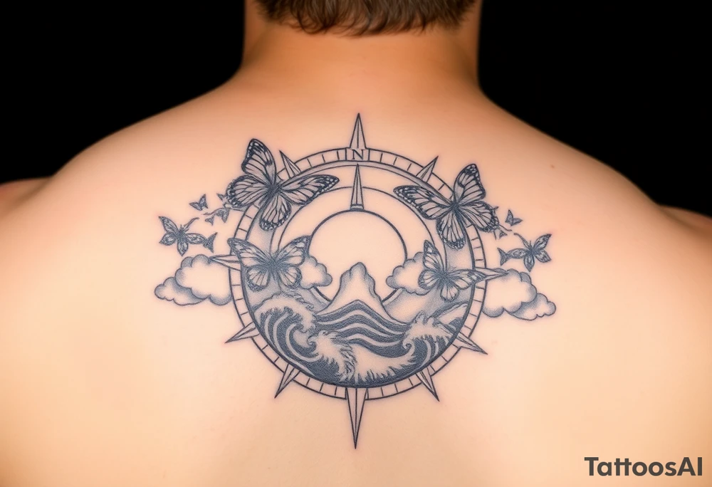 compass with butterflies and the sun shining through clouds, with waves crashing in the background
half sleeve tattoo idea