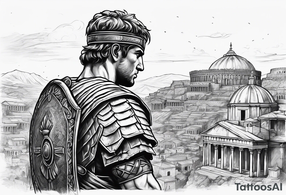 Close up of roman solider looking at ancient city in the background tattoo idea