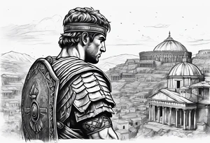 Close up of roman solider looking at ancient city in the background tattoo idea