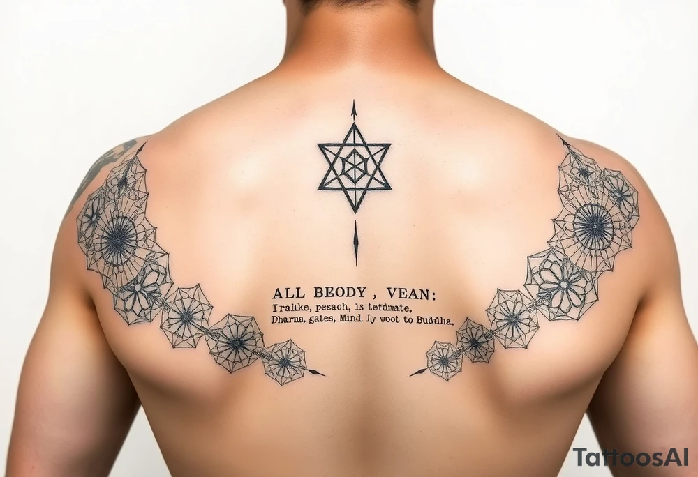 Black ink. Start from wrist, up to a few inches above the elbow, and wrap all around the arm. Use densely interwoven scared geometry symbols of peace, prosperity, health, compassion, and spiritual awakening and enlightenment. Interweave the word “Rakan” and the word “Dalea”. And finally, interweave this text:

All beings one body, I vow to liberate.
Blind passions one root, I vow to terminate.
Dharma gates one mind, I vow to penetrate.
The great Way of Buddha, I vow to realize. tattoo idea