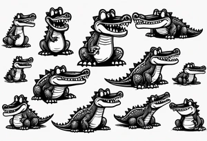 drunk crying cute cartoon crocodile full body tattoo idea