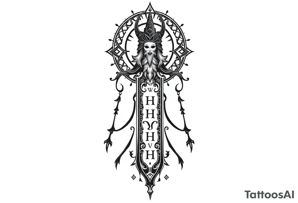 mystical long ornament tattoo with shaman and witch style and ancient rhyme letters outside tattoo idea