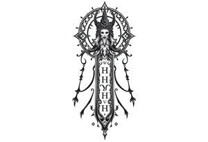 mystical long ornament tattoo with shaman and witch style and ancient rhyme letters outside tattoo idea