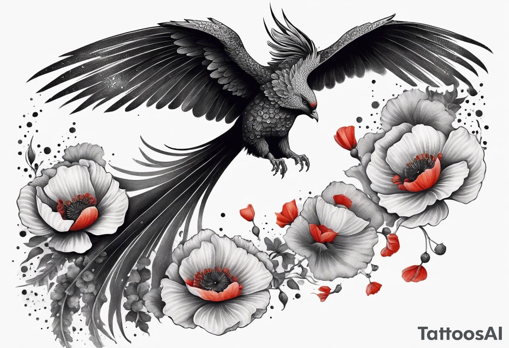 elongated phoenix in flight 
in profile long tail with claws holding poppies falling tattoo idea