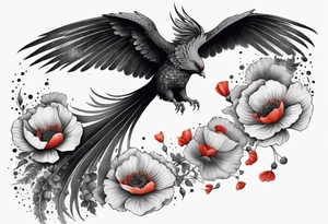 elongated phoenix in flight 
in profile long tail with claws holding poppies falling tattoo idea