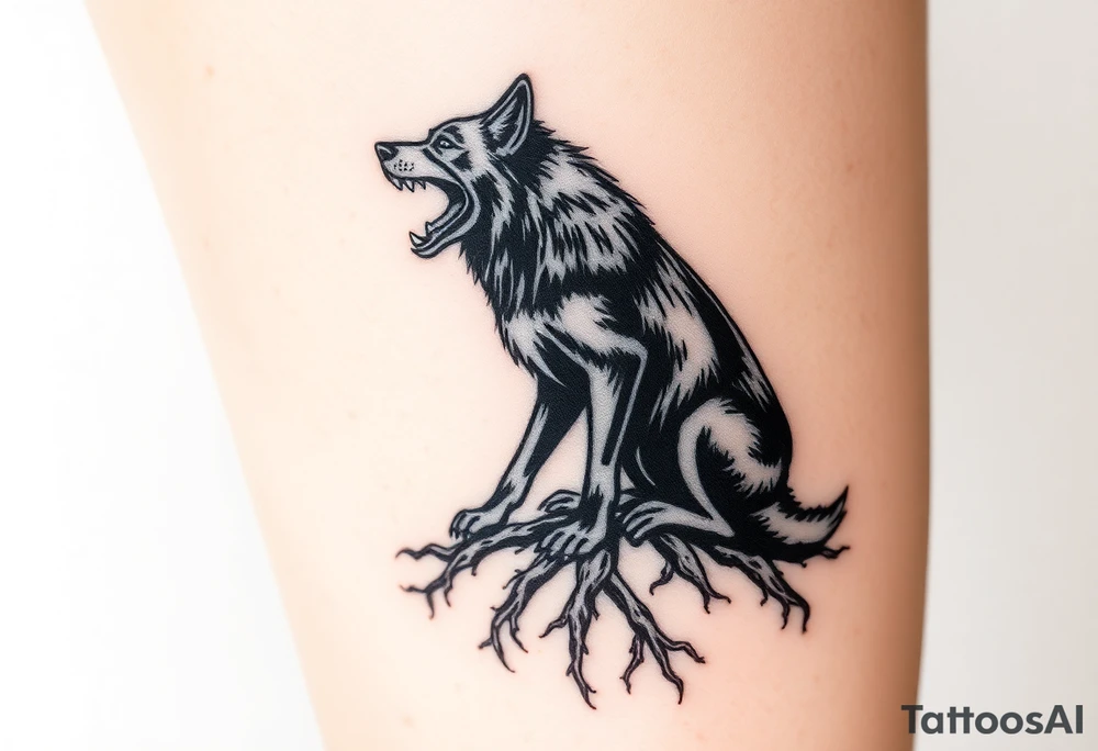 Powerful dark side black woof, sitting with roots, waiting to be unleashed on lower leg tattoo idea