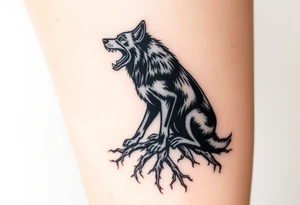 Powerful dark side black woof, sitting with roots, waiting to be unleashed on lower leg tattoo idea