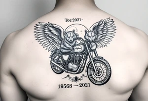 the year 1958 - 2021 with a motorcycle on it with guardian angel wolves tattoo idea