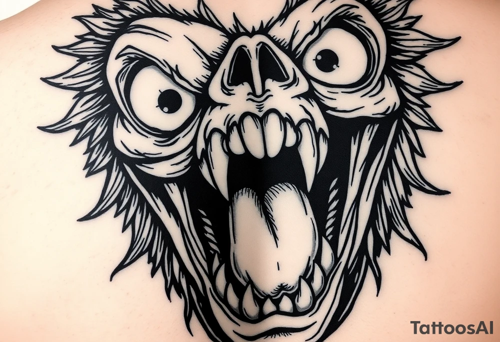 powerful faces with huge eyes and mouth with foamy mouth with a person. Climbing out of the mou6h tattoo idea