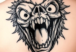 powerful faces with huge eyes and mouth with foamy mouth with a person. Climbing out of the mou6h tattoo idea