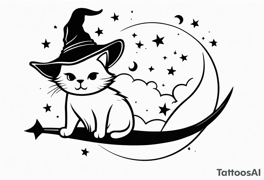 a chibi cat with a witch hat sitting on a broom. On the background there are clouds and a crescent moon. Minimalist black and white line art. tattoo idea